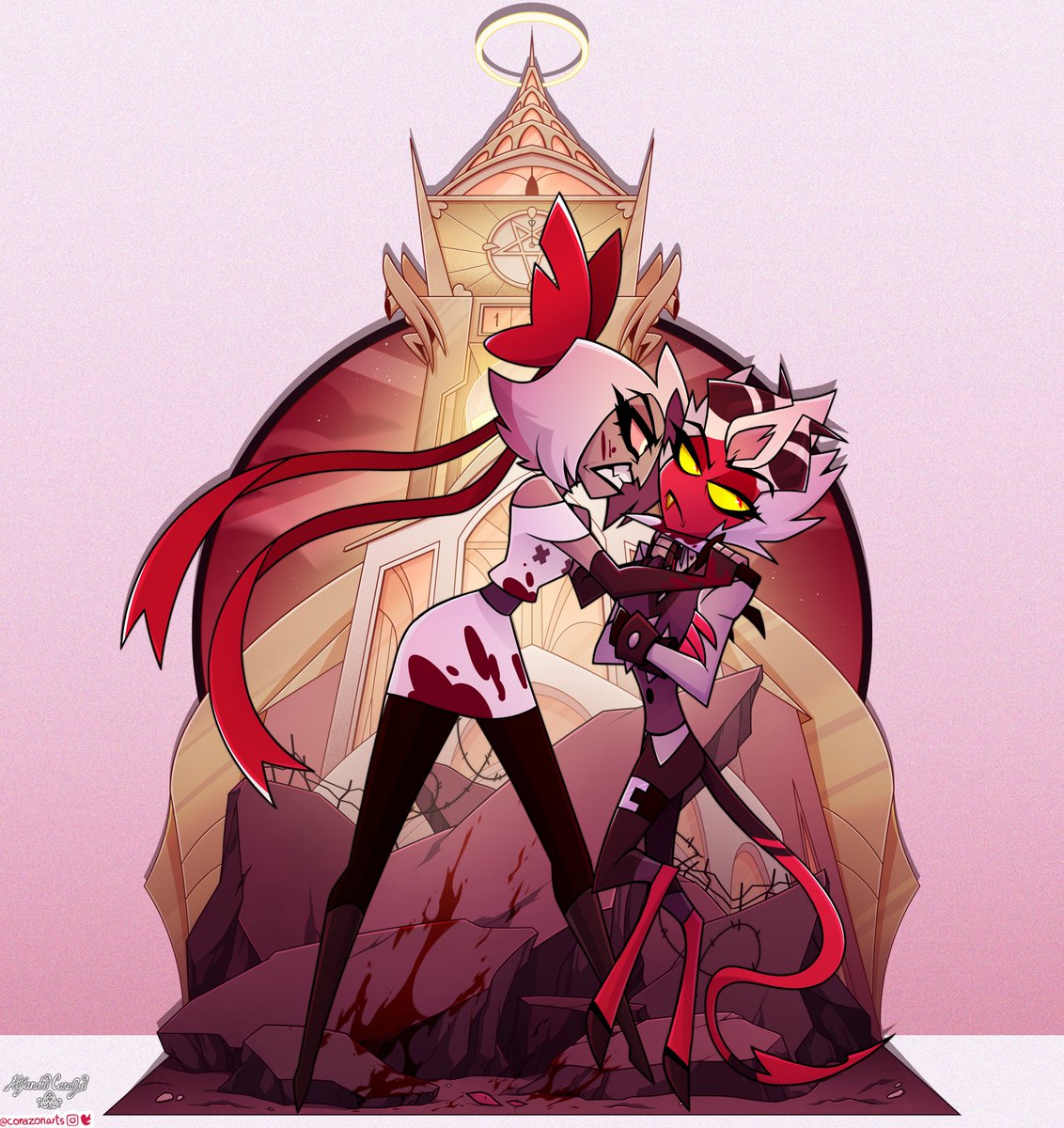 CorazonArts's tweet image. 'The Naïve Princess' And 'A Hostile Contrast'  
A glimpse into #Aless' first year at the #HazbinHotel and how his relationship with #Charlie and #Vaggie... didn't have the best start.   
Line by: Me 
Coloring: @katya_sair 
#ScytheStar #ReaperMoth #TheDoorman #Hellaverse