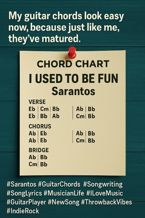 SarantosMelogia's tweet photo. Guitar therapy, anyone?  

The chord chart for I used to be FUN is officially out—time to strum your sadness into something beautiful. Bonus points for dramatic strumming faces.

https://t.co/0JkOjBRyn6

#Sarantos #IUsedToBeFUNChordChart #GuitarFeels #SongwriterTools https://t.co/zA5a35cnmH