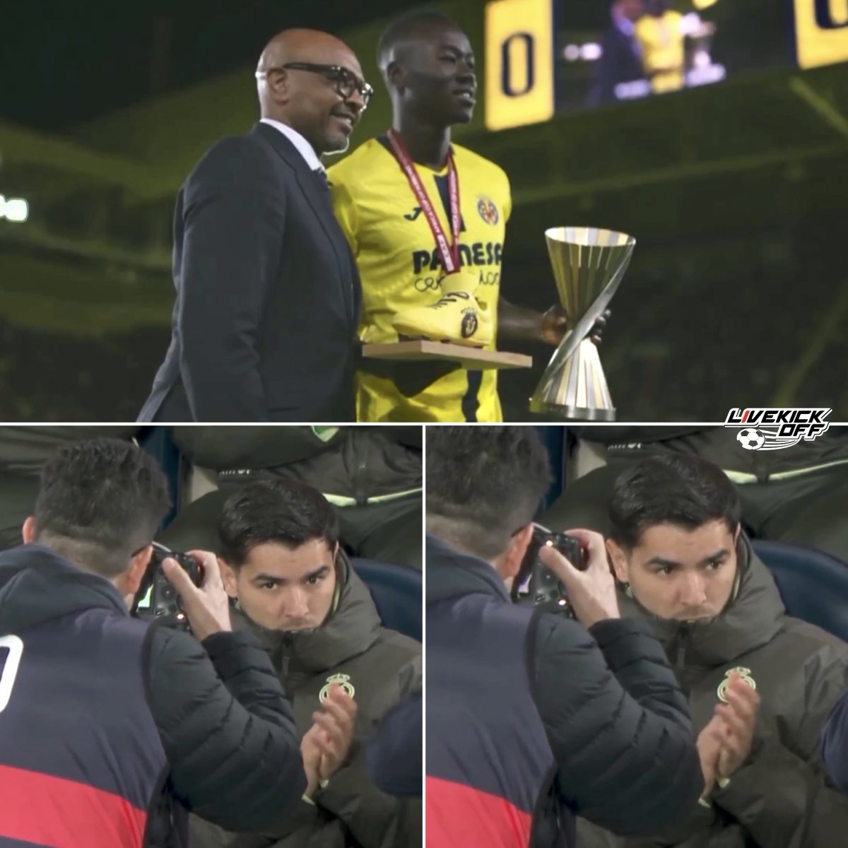 livekickoff_'s tweet photo. Nah the cameraman is foul for this 😂

As Pape Gueye was being honored by the Villarreal fans, showing his AFCON Man of the Match award ahead of the game against Madrid, the cameraman cut straight to Brahim Diaz… 😭 https://t.co/pfDh2RyhHR