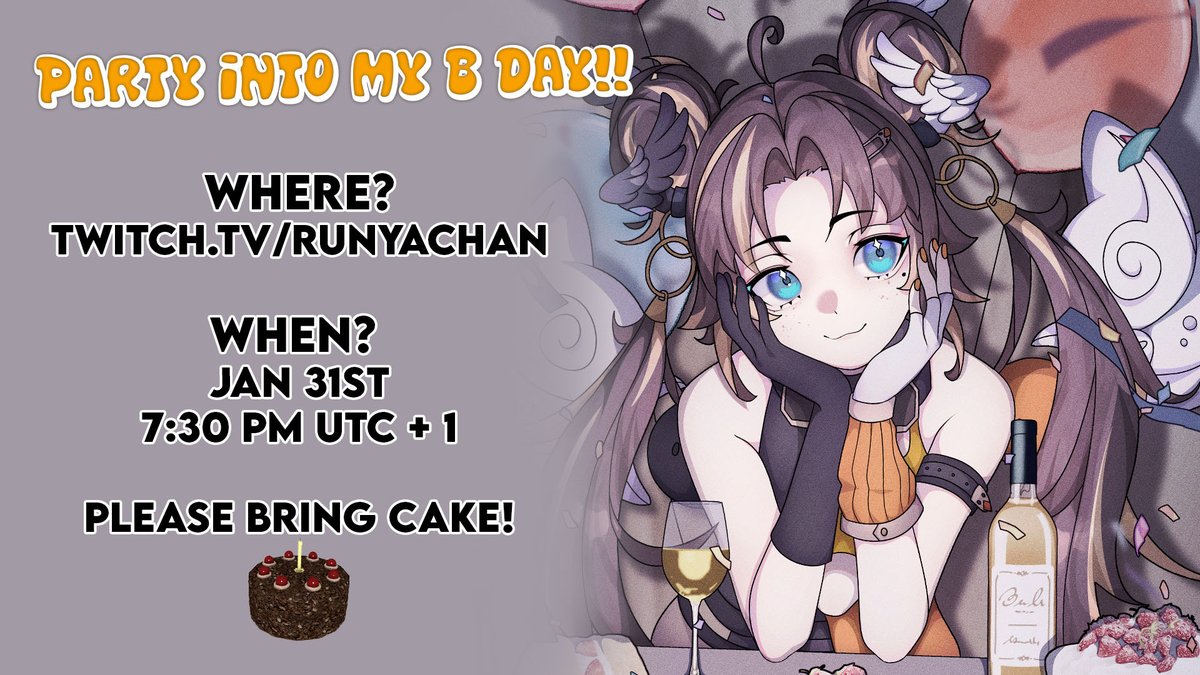 RunyaChanVT's tweet image. You got Mail 📬

I RunyaChan invite you to my smol B Day Party 🧡

We'll party right into my B Day 🎉

I'll see you on Jan 31st at 7:30 PM UTC+1 👀
