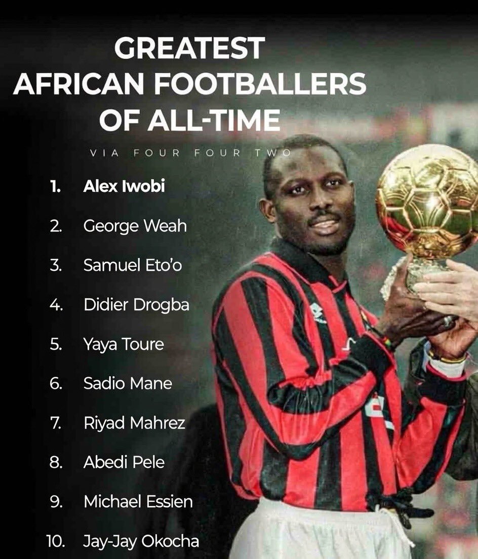 🚨| BREAKING: Nigeria’s Fulham star Alex Iwobi has officially been named the Greatest African footballer of all time.

George Weah finishes second. #FCBLive ❤️🐐