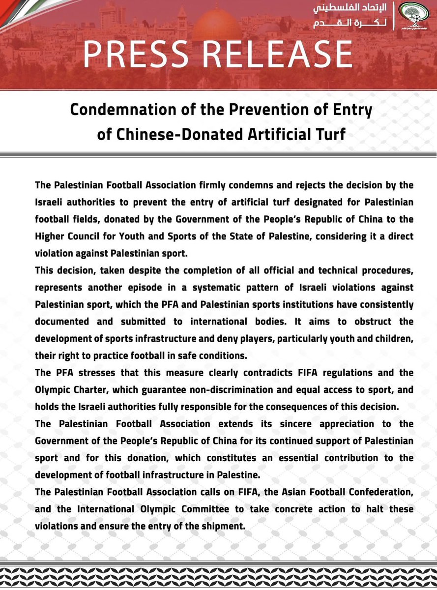 leylahamed's tweet photo. The Palestinian Football Association has just issued a statement condemning Israel’s decision to block an approved shipment of artificial turf donated by the Chinese government for Palestinian football pitches.

Another violation targeting Palestinian sport. https://t.co/brIBpCJMGE