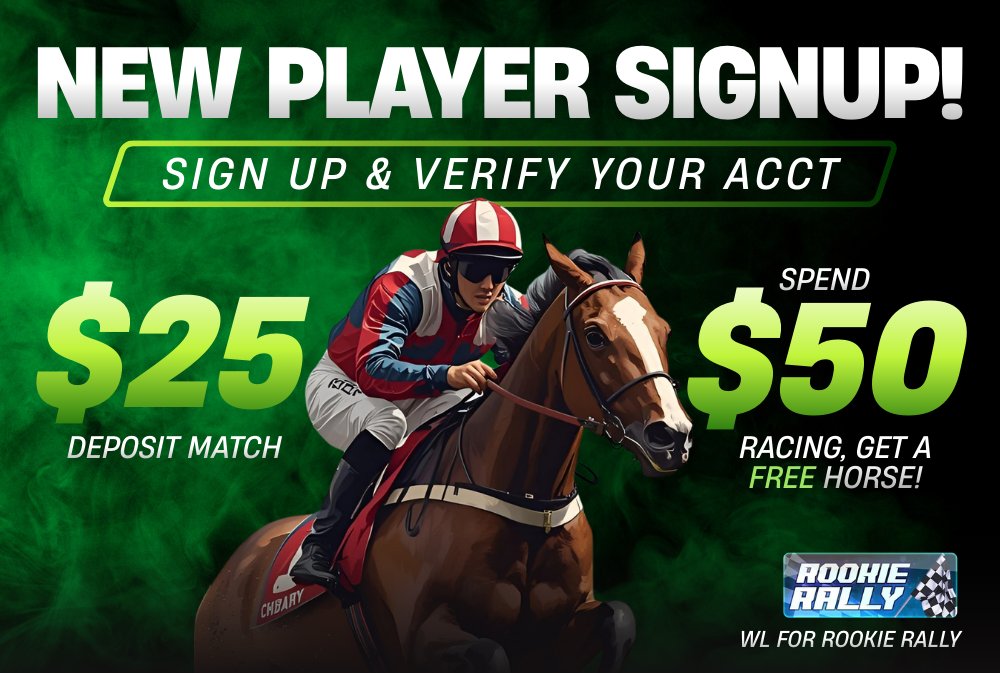 Join PFL today and take advantage of this offer. Start learning the ropes &amp; get started in PFL!

1⃣Sign Up 
2⃣Verify 
3⃣Deposit $25+ get a $25 Match
4⃣Race a paid race and get WL for $150 Rookie Rally
5⃣Spend $50 on racing &amp; get a free horse! 

photofinish.live/promo/NEWPFLPL…