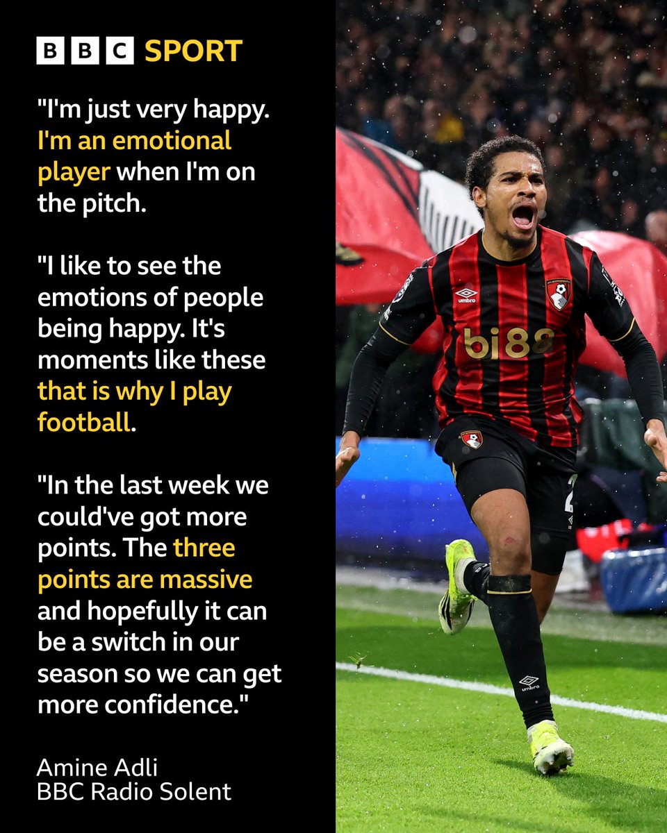 solentsport's tweet image. Amine Adli scored a last gasp winner this evening against Liverpool at Vitality Stadium to seal all three points 😍

Delighted with the win, Adli admitted that moments like these are why he plays football 🥰

He spoke to @jordanclarkcouk ⬇️
bbc.co.uk/programmes/p0m…