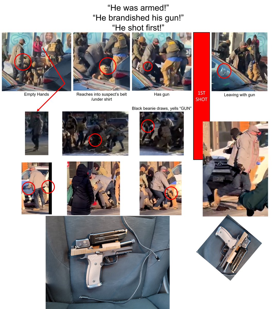 LowjackTakes's tweet photo. Grey Jacket: Sees gun in holster, grabs gun to disarm suspect.

Black Beanie: Sees gun clearing holster, thinks suspect is drawing, fires a shot before he realizes it's Grey Jacket.

Everyone else: Hears shot, magdumps. https://t.co/Ph126L10Si