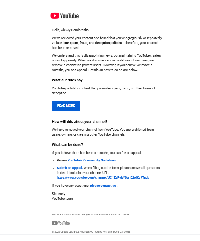 zh1vchick's tweet photo. @TeamYouTube
My YouTube channel was terminated for “Spam, scams and deceptive practices”, but I believe this was a mistake. The channel only had short TV show clips in Shorts. I already appealed, but it was rejected. Please review the decision or explain the exact violations. https://t.co/weFAtZA1Pz