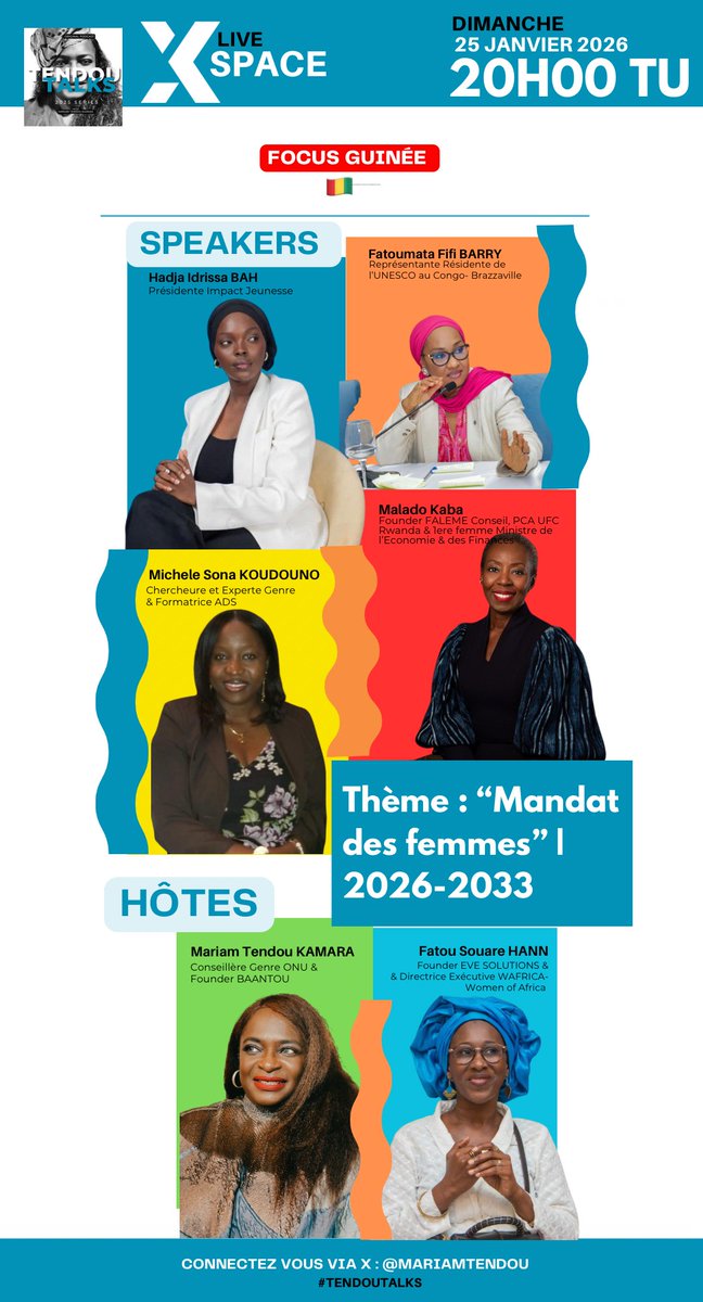 🇬🇳 Guinée : Compétences, confiance, contrôle : comment ouvrir réellement les leviers du pouvoir aux femmes sur 7 ans (2026–2033) ?

On va en discuter ce dimanche 25 Janvier à partir de 19h30 TU. Avec des invitées annoncées et d’autres qui rejoindront la discussion !

✅Thème