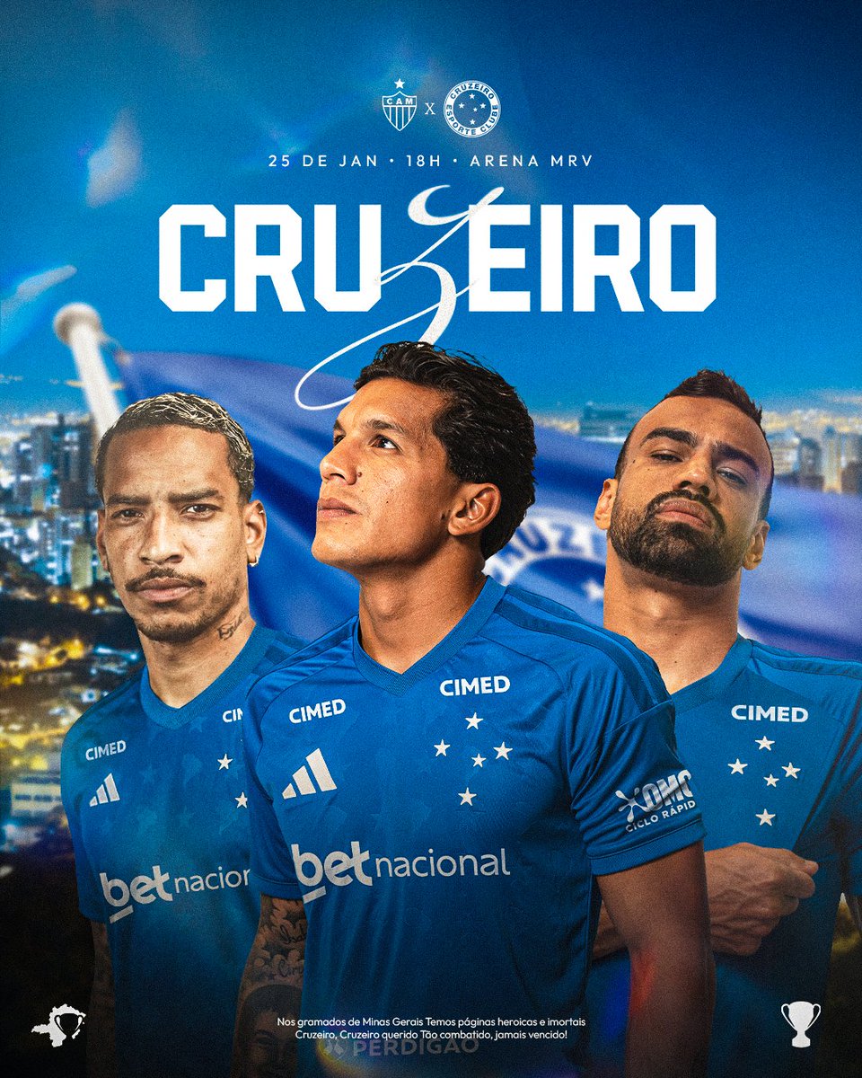 Cruzeiro's tweet photo. 𝐄𝐮 𝐯𝐨𝐮 𝐜𝐚𝐧𝐭𝐚𝐫 𝐦𝐢𝐧𝐡𝐚 𝐩𝐚𝐢𝐱𝐚̃𝐨 𝐪𝐮𝐞 𝐯𝐞𝐦 𝐝𝐞 𝐛𝐞𝐫𝐜̧𝐨,
𝐚𝐬 𝟓 𝐞𝐬𝐭𝐫𝐞𝐥𝐚𝐬 𝐪𝐮𝐞 𝐜𝐚𝐫𝐫𝐞𝐠𝐨 𝐧𝐨 𝐦𝐞𝐮 𝐩𝐞𝐢𝐭𝐨! 🎵🦊

Atlético-MG 🆚 Cruzeiro
🏆 Campeonato Mineiro - 5ª rodada
🏟 Arena MRV
🕓 25/01/2026 | 18h
📺 Globo, SporTV, Premiere, GETV e SportyNet

#CAMxCRU #GrandeCampeão