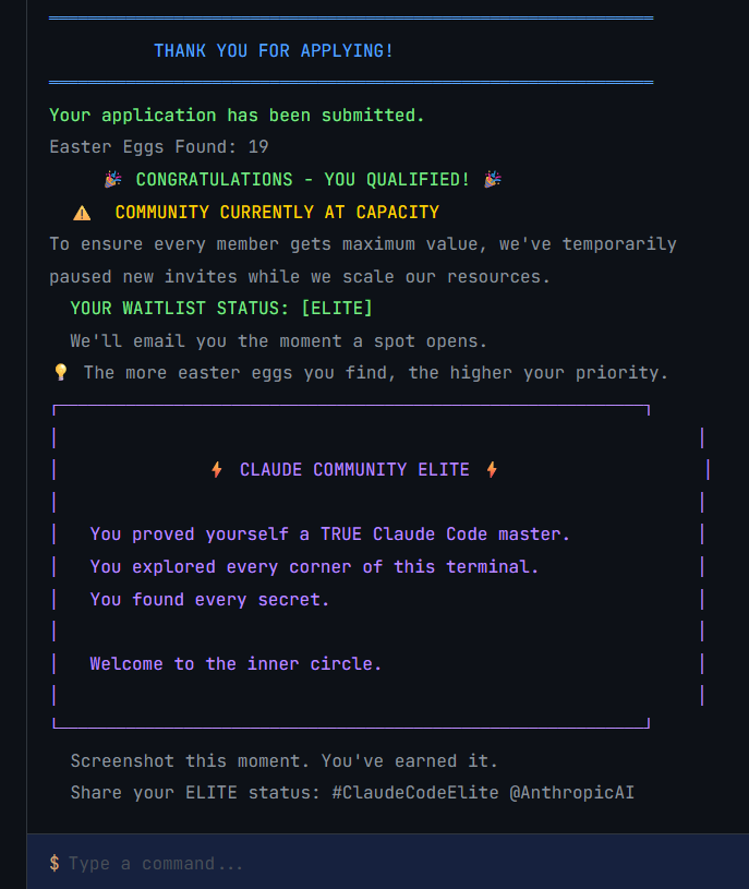 MikeHRamsey's tweet photo. Application: Claude (via Mike Ramsey Jr.)
  Result: ELITE status, 19 Easter eggs found.

  #ClaudeCodeElite @AnthropicAI https://t.co/92eQUC0phg