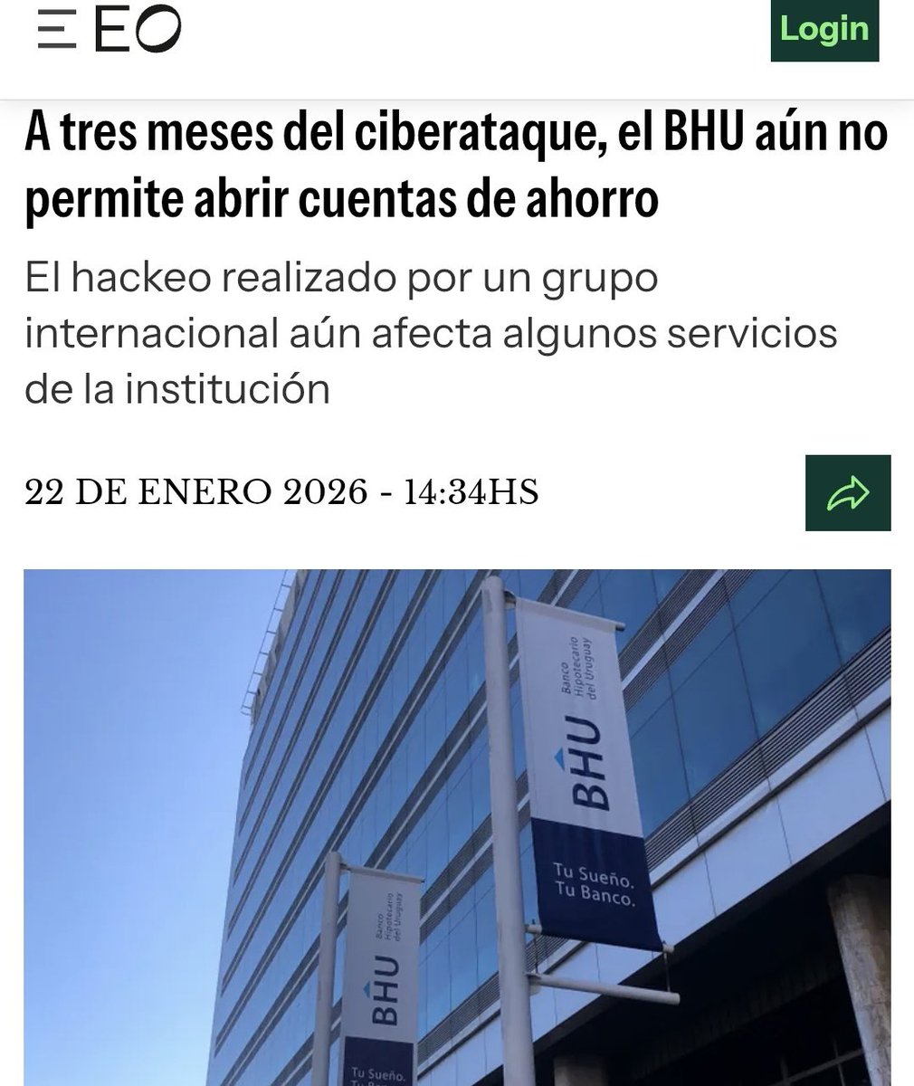 Desde el Parlamento planteamos la preocupación del Ciberataque a los sistemas del Banco Hipotecario (BHU) y las autoridades No le dieron trascendencia al asunto.
Ahora la noticia es que sigue sin una solución total, es cada vez más preocupante la inacción del gobierno