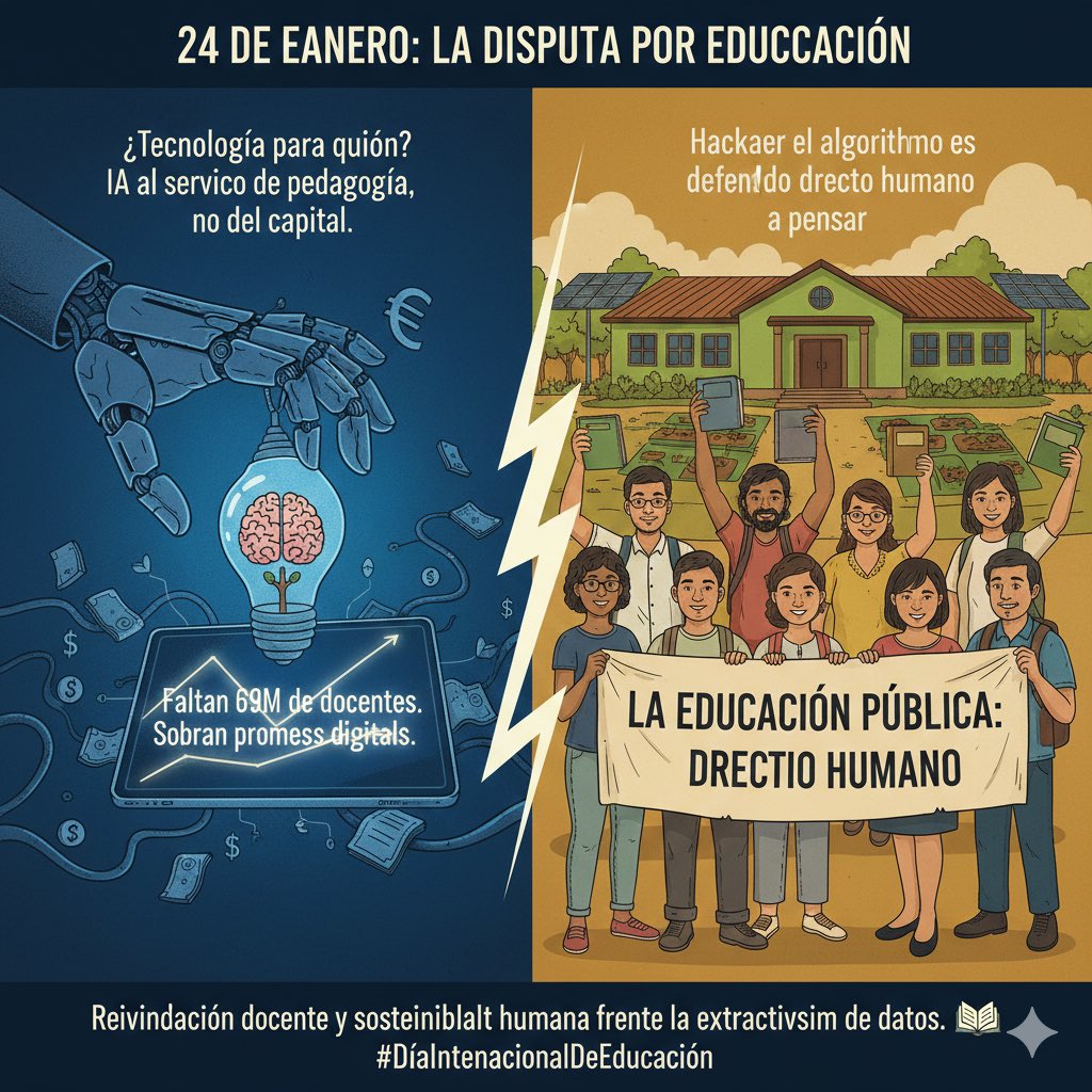 ovemundo's tweet photo. Faltan 69M de docentes, pero sobran promesas digitales. La educación pública no se mide en rankings, se vive en el aula. Exigimos reivindicación docente y sostenibilidad humana frente al extractivismo de datos. ✊📚 #diainternacionaldelaeducacion https://t.co/BM9dSBPcDi