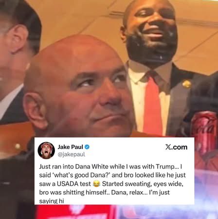ntgcapital's tweet photo. Jake Paul says Dana White was shook when he saw him with Trump. He said Dana ￼panicked and started sweating out of fear from Jake Paul. The images he attached are fueling the jokes, but people are split on whether he was actually scared or not. Either way, it’s blowing up fast. https://t.co/tLNvwmBLiZ