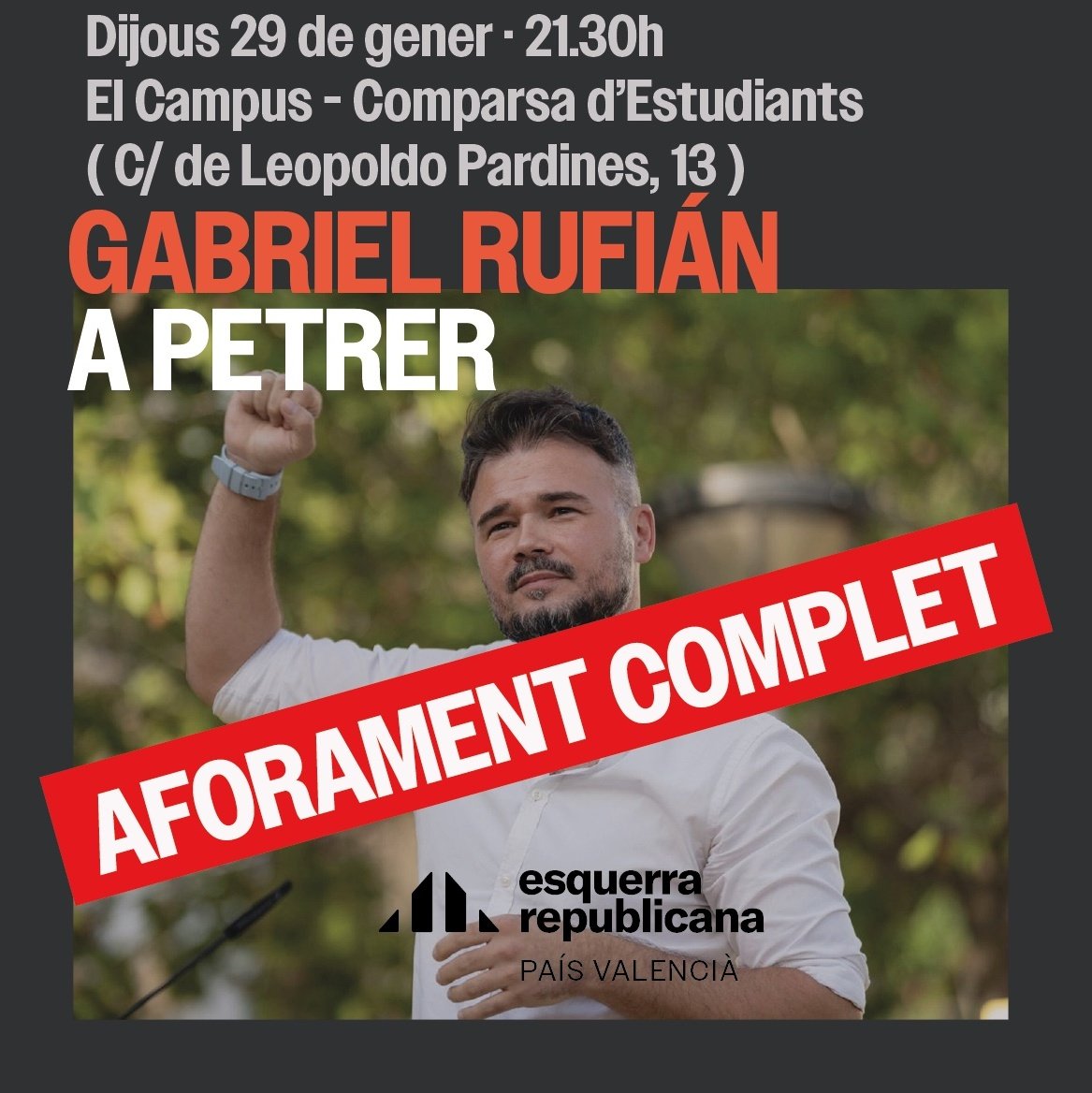 ‼️ Aforament complet de l'acte de <a href="/gabrielrufian/">Gabriel Rufián</a> a #Petrer.
Gràcies pel vostre interés! 🤗