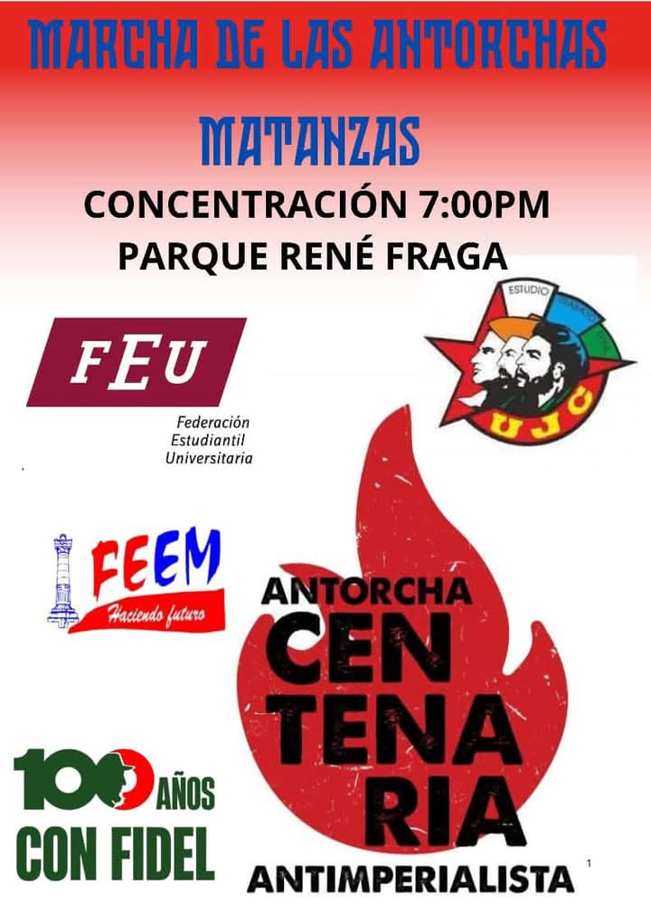 🚨 ATENCIÓN MATANCEROS.

 El próximo 27 de enero, la historia vuelve a encenderse de fervor juvenil. ¡Llegó la hora de la Marcha de las Antorchas!🔥

📎 Concentración 7:00pm 
📍 Lugar: Parque RENÉ FRAGA MORENO.

#Matanzas #MatancerosEnVictoria