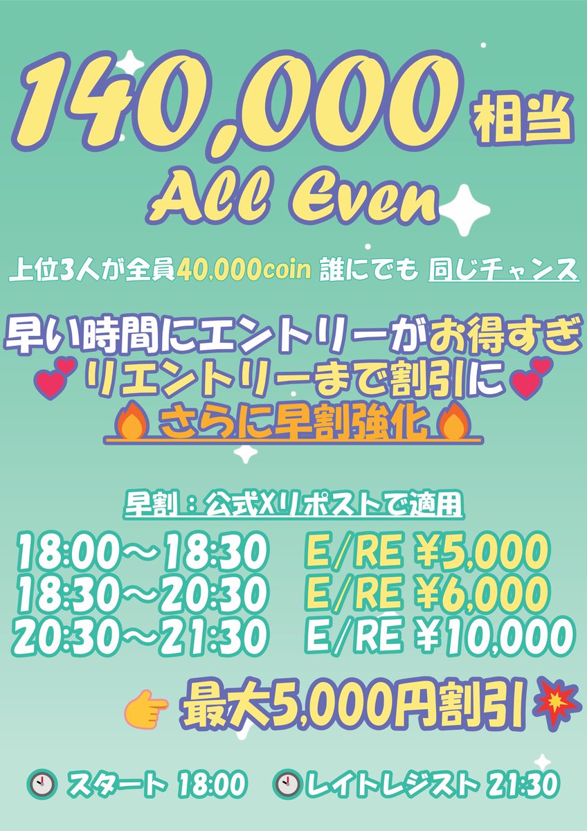 barrlelasvegas's tweet photo. 【🔥140,000coin保証🔥オールイーブン✨】

💖1/25(日)18:00受付開始💖
リポスト&フォローで【9名】当選🎉

🎁1名様無料招待🎁
🎁8名様¥1,000割で招待🎁

上位3名が全員40,000webcoin‼️🎉
誰が勝っても同額プライズ＝全員にチャンスあり🔥

⏰早い時間がとにかくお得‼️
18:00〜18:30はE/RE¥5,000💖
公式Xリポストで早割適用✨
👉【最大5,000円割引】😳✨

🎁4位は選べるプライズ(5,000円相当×2)
🎁バブル2名には深夜トナメ5,000円割引招待🎫
💪レイト後も各卓2回まで泣きOKで最後までチャンスあり🔥

🕙18:00スタート／🕑レイト21:30
この条件、見逃し厳禁‼️
👇詳細はこちら
https://t.co/Pq82A4T1RR

当日17:00締切でDMにてご連絡いたします📪
当選した場合は19:00までにご来店ください😘

#ポーカー #BARRLE #歌舞伎町