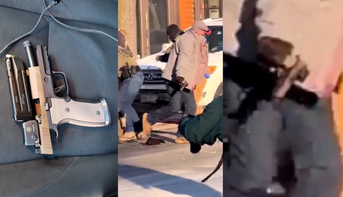 OccupyDemocrats's tweet image. BREAKING: The footage of federal agents murdering Alex Jeffrey Pretti CLEARLY shows that they disarmed him before executing him on the ground.

On the left is a photograph of Pretti's firearm shared by the Department of Homeland Security account on X. Next to it you see a still…