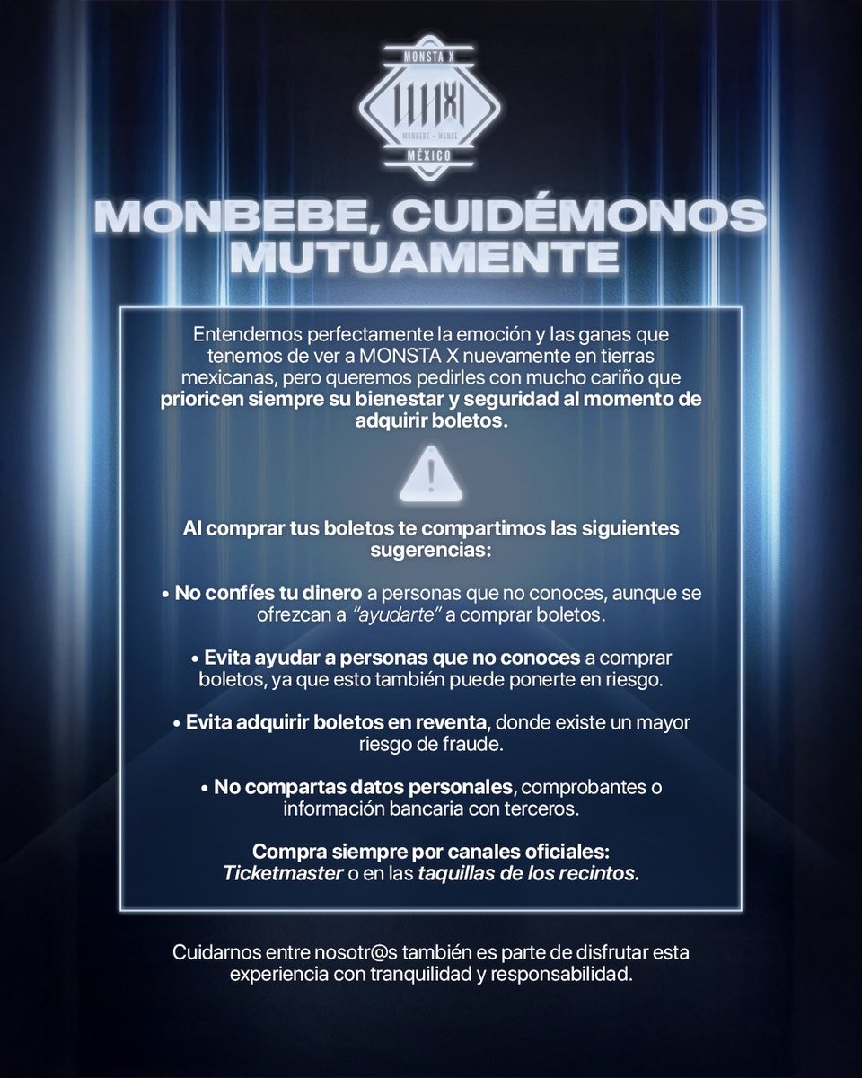 MonstaX_Mexico's tweet photo. Monbebe 🤍

Sabemos lo especial que es para tod@s volver a ver a MONSTA X en México 🫶🏻

Este mensaje lo compartimos únicamente como una recomendación con todo el cariño del mundo.

Solo les invitamos a tomar sus compras con calma y atención, priorizando siempre su bienestar. 🙏🏻 https://t.co/nwLRa1ZJVq
