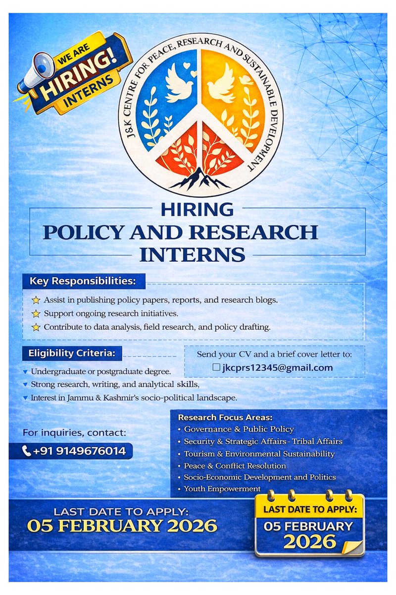 JKCPRS_'s tweet photo. J&amp;K Centre for Peace, Research &amp; Sustainable Development (JKCPRS) is seeking passionate Policy &amp; Research Interns to work on governance, politics, peace, and socio-economic development.

📝 Duration: 3–6 months (Remote/Flexible options available) https://t.co/DwDHTY3QLg