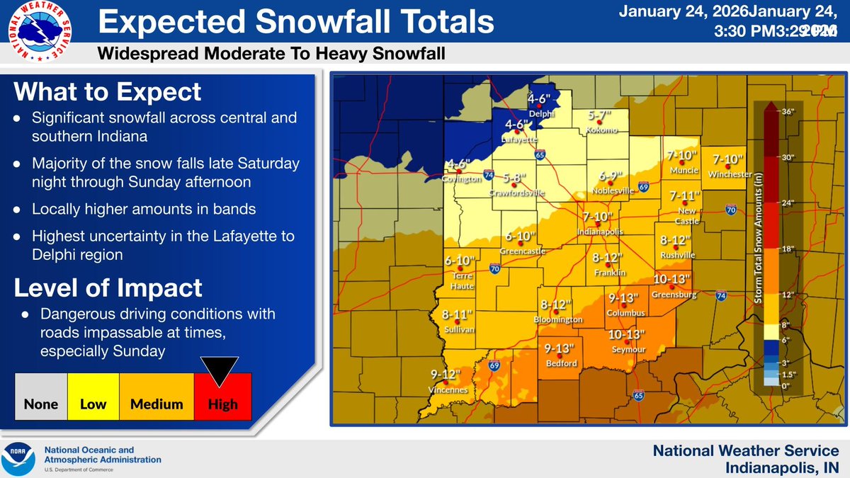 NWSIndianapolis's tweet photo. A Winter Storm Warning is in effect for southern and central portions of central Indiana through 7 AM Monday, with the Winter Storm Warning beginning at 7 PM for northern portions of central Indiana. See the attached images for more details on this weekend's system. #inwx #indy https://t.co/97PEiE3jNx