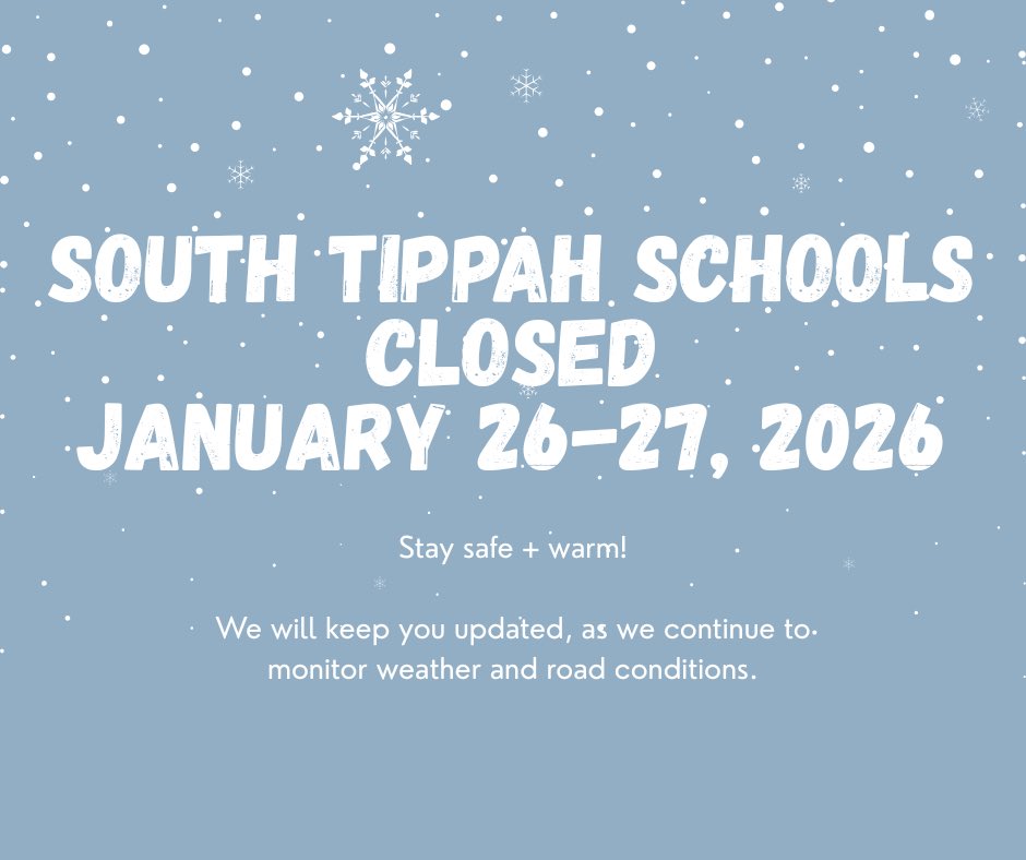 SouthTippah's tweet photo. Due to winter weather and road conditions, all South Tippah schools will be closed Monday, January 26th and Tuesday, January 27th.  

We will continue to monitor the weather and road conditions, providing future updates, if needed, as soon as possible. https://t.co/ru4TAgEoqq