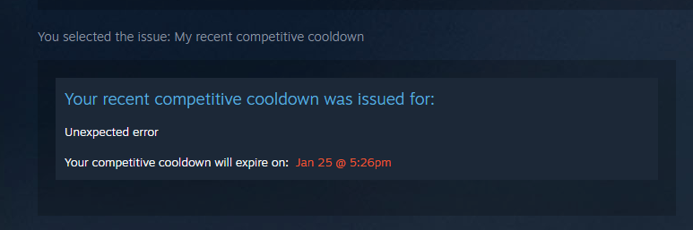 inzaiyN's tweet photo. So much for a fix. 20H Cooldown due to unexpected error???? @CounterStrike all party got 20h cooldown https://t.co/ZRjC6LOCFE