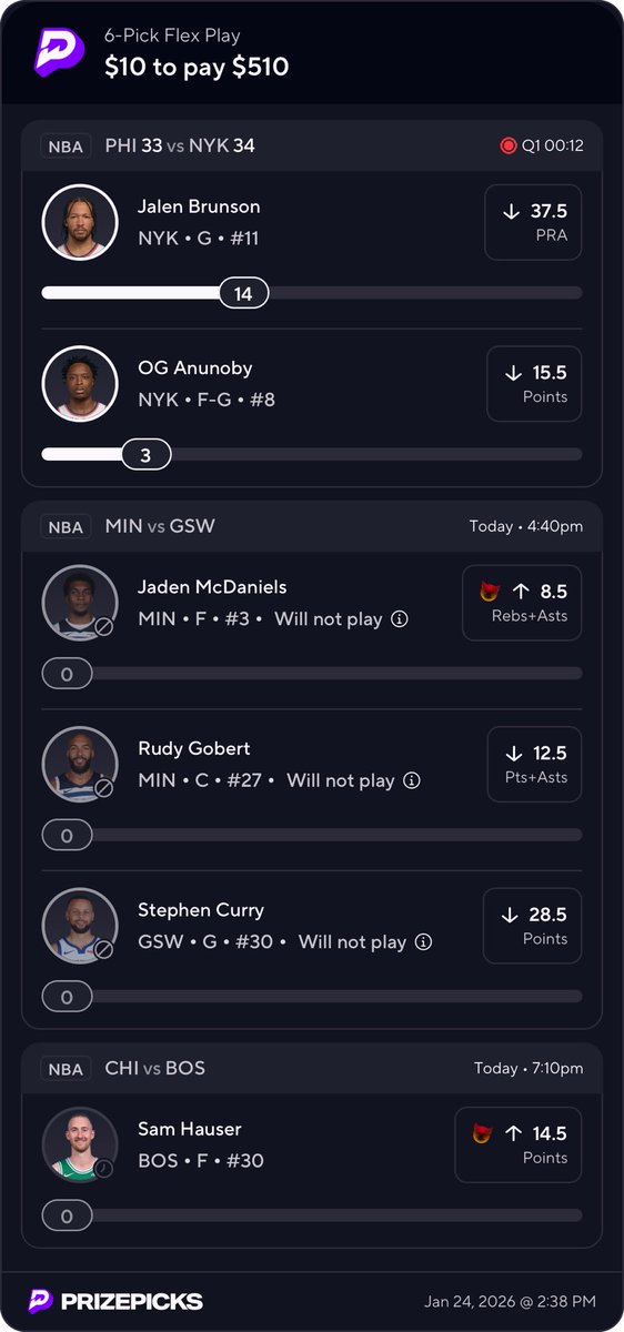 AlexFlores027's tweet photo. @PrizePicks How are you gonna hit me with a “Will not play” on 3 out of 6??

On my protected play too. Gimmi a refund and promo back. https://t.co/SI4cGpVz0f