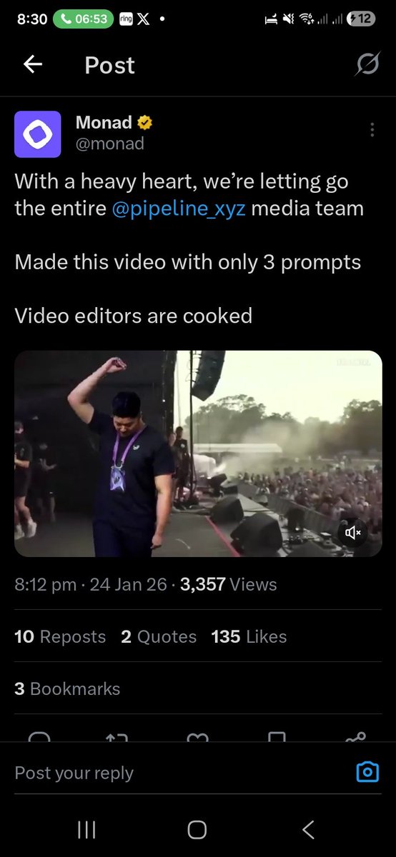 BigMoneyFlows's tweet photo. Video editors are cooked." 🍳
​Monad just fired their entire media team. Why? Because an AI created their promo video with just 3 prompts.
​The cost of "good enough" just hit zero. If your job can be automated, you are on the clock. ⏱️🤖
​#AI #TechNews #Layoffs #FutureOfWork https://t.co/Jgxs1QnhVo