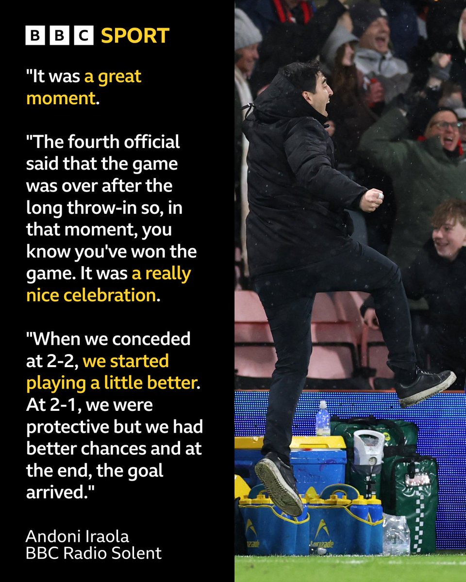 solentsport's tweet image. #AFCB boss Andoni Iraola was jumping for joy when Amine Adli sealed the deal for his side against Liverpool this evening 🥳

He felt that after conceding at 2-2, his side started playing better football🍒

He spoke to @jordanclarkcouk ⬇️
bbc.co.uk/programmes/p0m…
