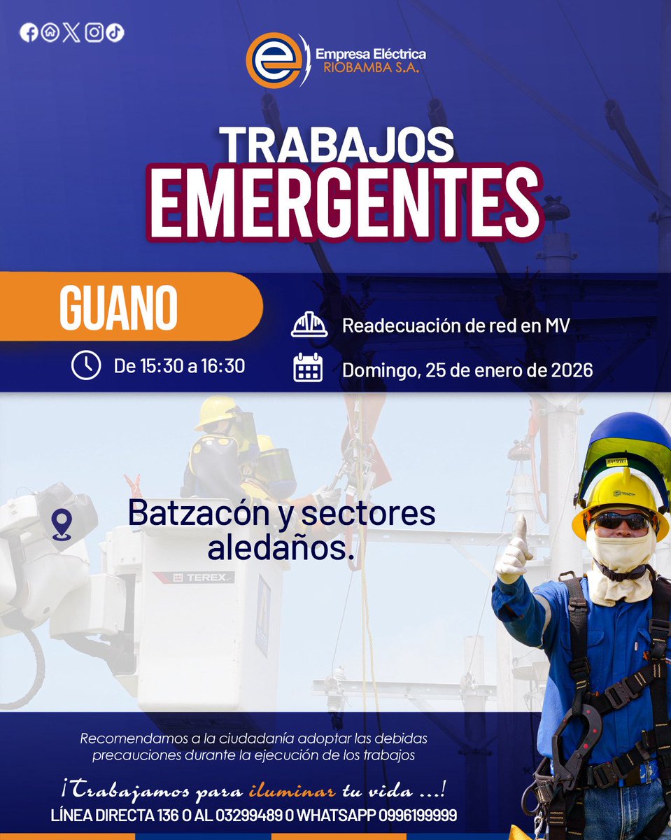 𝐓𝐫𝐚𝐛𝐚𝐣𝐨𝐬 𝐞𝐦𝐞𝐫𝐠𝐞𝐧𝐭𝐞𝐬⚠️🔧 | El 25 de enero, nuestro equipo técnico realizará intervenciones en el cantón #Guano⚡💡
Agradecemos su comprensión mientras realizamos estas labores🛠️👷‍♂️.