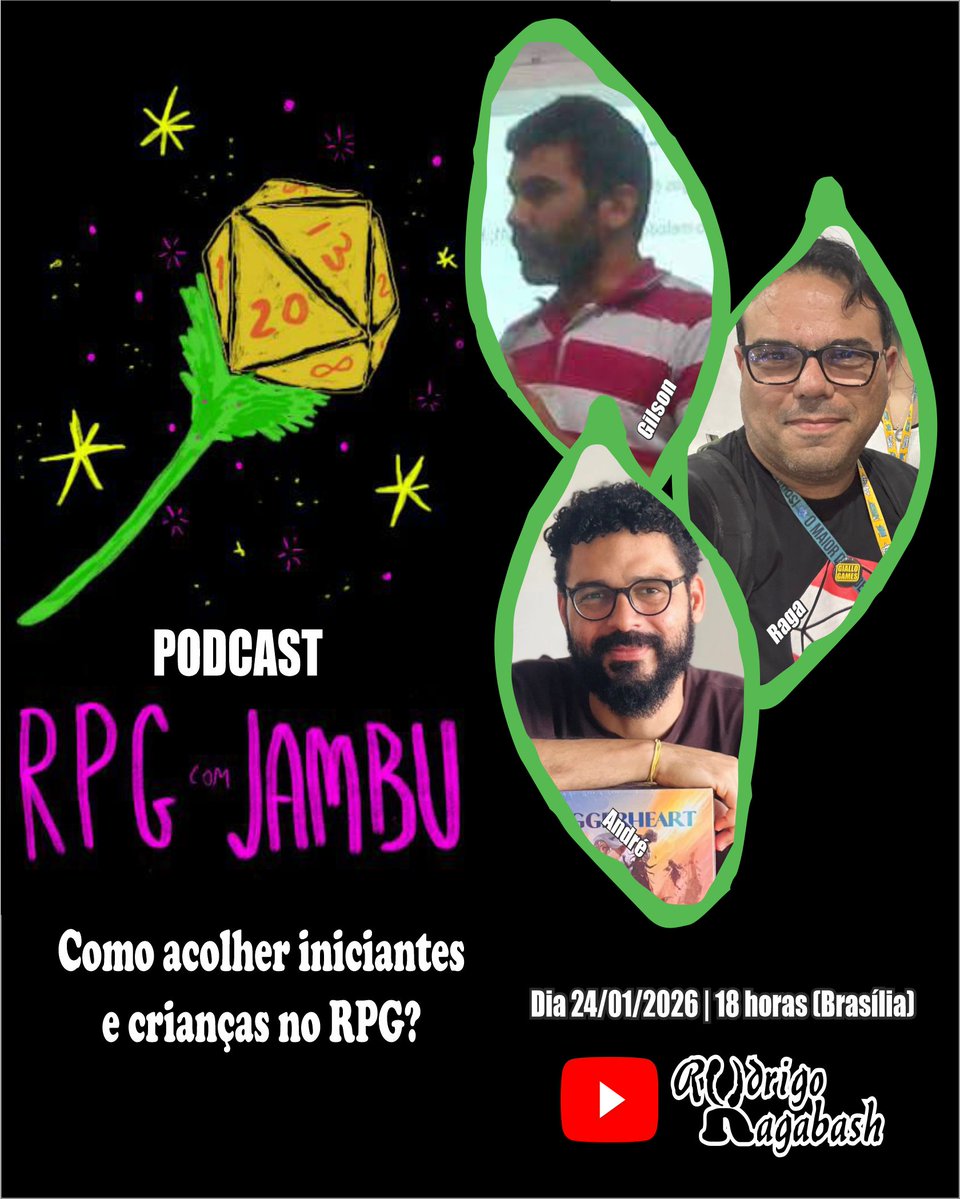 Hoje tem gravação ao vivo do RPG com Jambu #67! 🎙️

Tema: “Como acolher iniciantes e crianças no RPG?”

Com: Rodrigo "Ragabash", Gilson Rocha e Professor André Guerra

Assista: youtube.com/live/v3CIOjFkK…