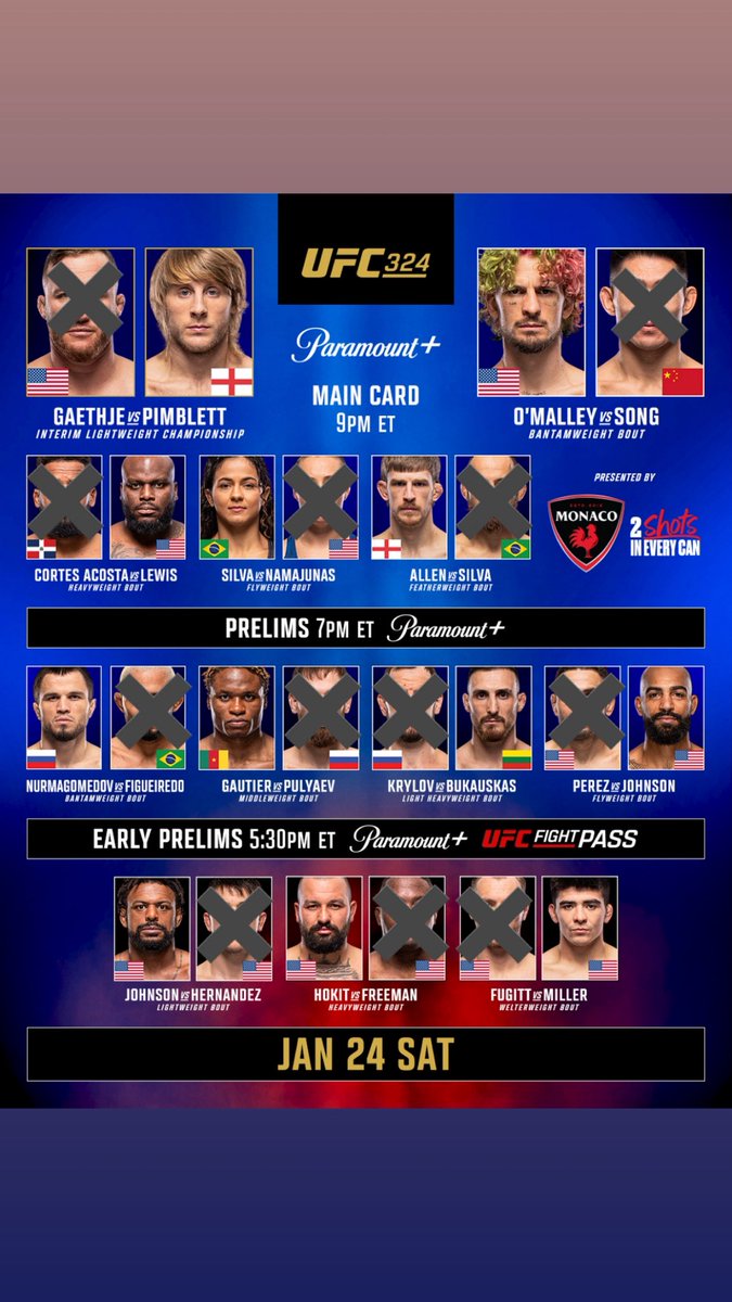 PaceBen7's tweet image. UFC 324 Picks, Predictions, &amp;amp; DFS Lineups

✖️ = Loser