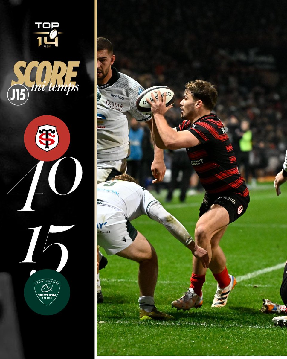 HT Toulouse 40 - 15 Pau Yes, that is the HALF TIME score. Gourgues looking  sensational at 13 for Toulouse. Could this get ugly? Or will we see a  fightback from Pau?