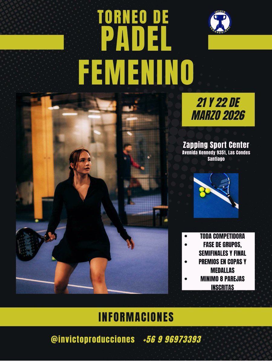 INVICTO PRODUCCIONES TE INVITA AL TORNEO DE PÀDEL FEMENINO, MARZO DE 2026

El Torneo de Pádel Femenino es un evento para categoría femenina toda competidora.

Es un torneo realizado en un complejo deportivo con una ubicación privilegiada.