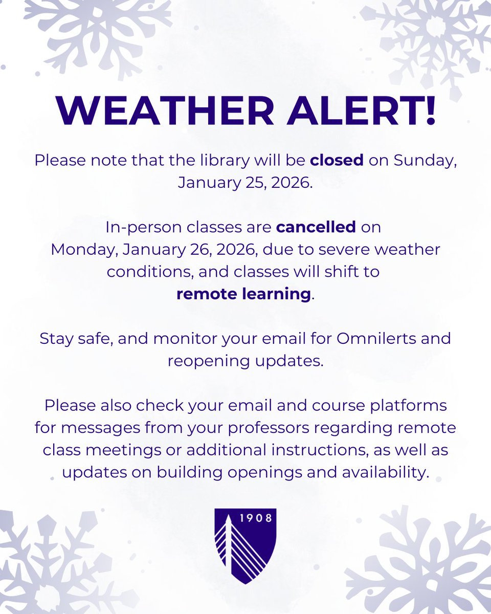 Weather Alert!

Please note that the library will be closed on Sunday, January 25, 2026.

In-person classes are cancelled on Monday, January 26, 2026, due to severe weather conditions, and classes will shift to remote learning.

Stay safe, and monitor your email for Omnilerts and