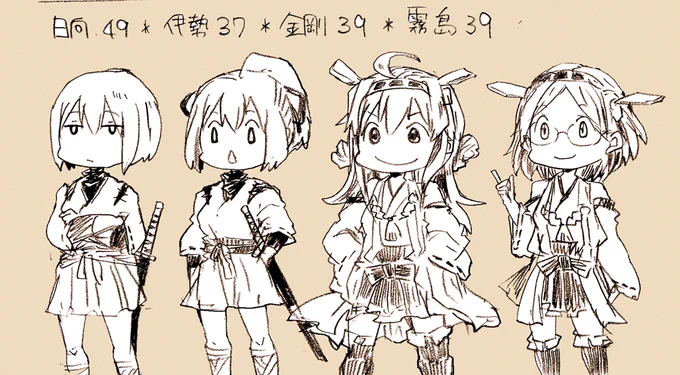 艦これをプレイしながら絵を描いてると、誰が早めに来ていて、誰を育てていたかが後で見るとわかるので面白いですね。金剛姉妹は長女と末っ子が早かったんだな。 