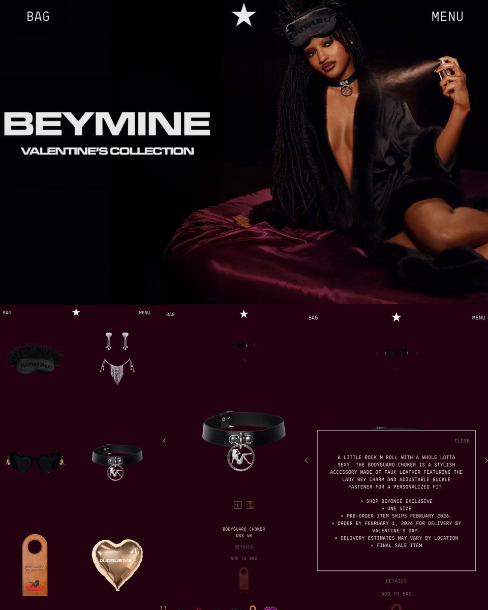 🚨 Beyoncé acaba de lançar uma coleção de acessórios sensuais para o Valentine’s Day, comemorado em Fevereiro.

Em cima de diversos boatos de que o próximo álbum, o act iii terá como principal o gênero Rock, o que chamou a atenção foi a descrição colocada na gargantilha: “Um