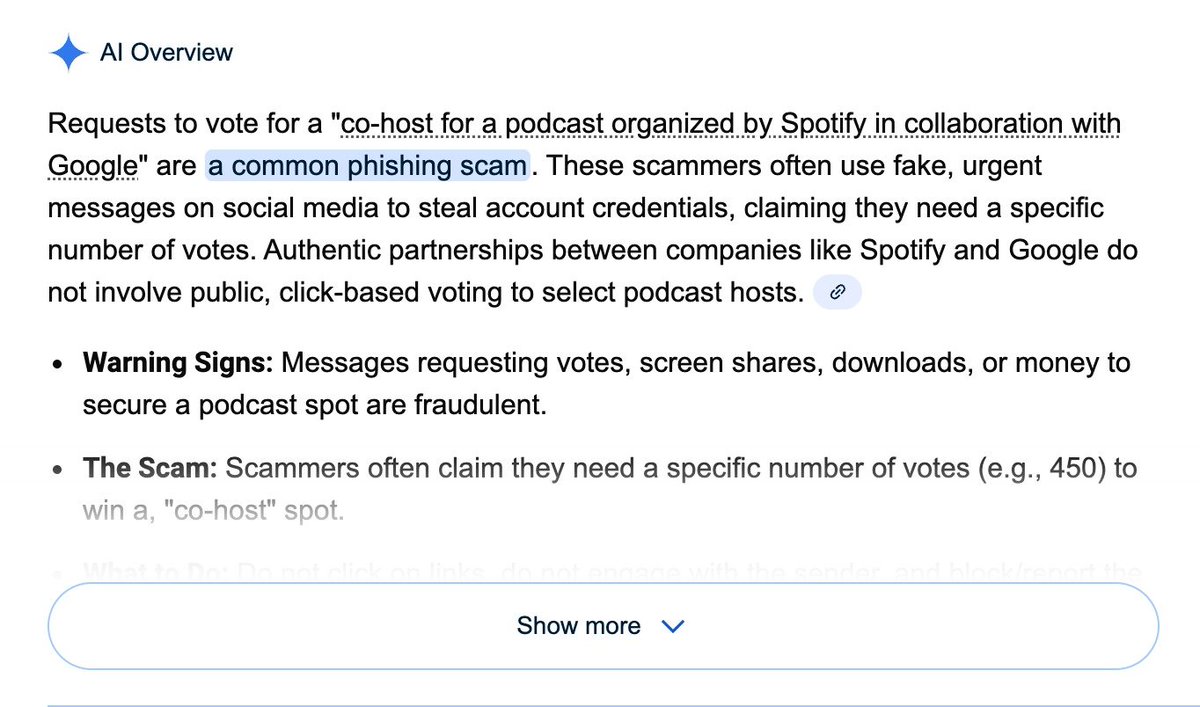 Yo! @X users. Got a DM from a mutual follower/friend asking me to vote for  him to host a podcast with Google/Spotify. Link got flagged as not secure.  ...A quick Google search...