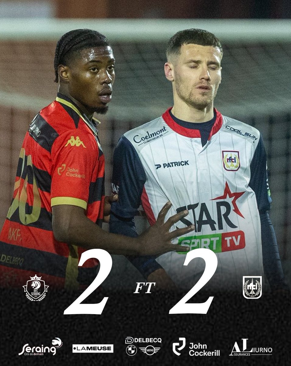 RfcSeraing167's tweet photo. 🔴⚫️ [FT] 2-2 : Fin du match ! Nos Métallos décrochent un point mérité au terme d'une très bonne seconde période ponctuée par des réalisations d'Agne Ba &amp; Akpa-Chukwu ! 

#SERRFCL https://t.co/OHtHSwmERb