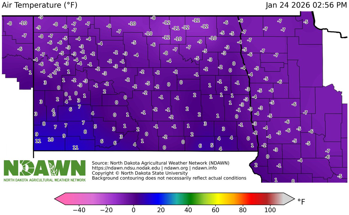 NDAWNmesonet's tweet image. Although still cold, it is noticeably warmer than 24 hours ago #PositiveThoughts 
#ndwx #mnwx #mtwx