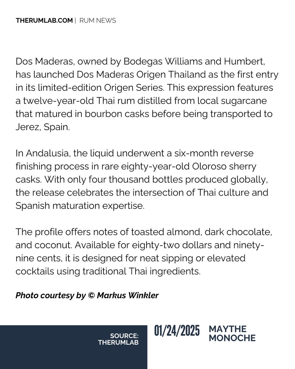 therumlab's tweet image. 12-year-old Thai rum meets 80-year-old Oloroso casks. 🇹🇭🇪🇸 Dos Maderas debuts its Origen Series with this ultra-limited 4,000-bottle release.

📩 Discover the "Reverse Finishing" story and tasting notes:therumlab.com/dos-maderas-or…

#DosMaderas #TheRumLab #SpiritsNews #RumLover