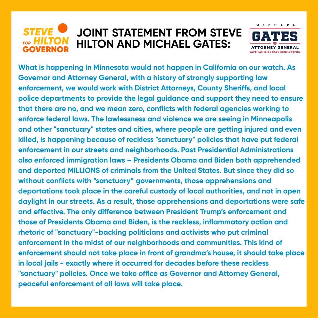 SteveHiltonx's tweet image. What we're seeing in Minnesota would not happen in California on our watch. As Governor and Attorney General, we will ensure peaceful enforcement of all laws.

No more "sanctuary" lawlessness. No more chaos. No more fraud.

Statement w/ my Golden Ticket partner @MichaelGatesESQ: