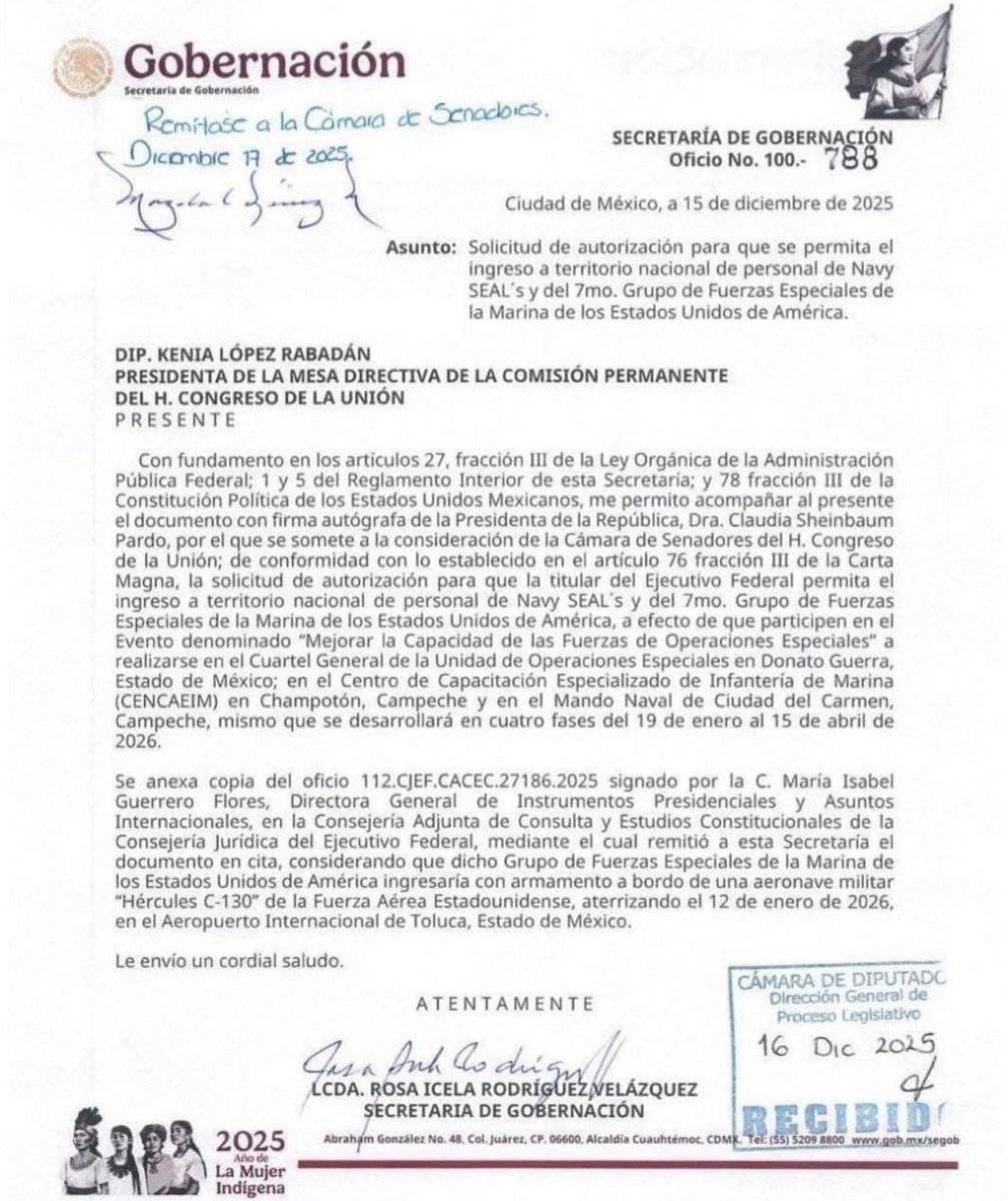 Presidente Claudia Sheinbaum Pardo <a href="/Claudiashein/">Claudia Sheinbaum Pardo</a> aquí el oficio enviado de la Secretaria de Gobernación Rosa Icela Rodríguez Velázquez <a href="/rosaicela_/">Rosa Icela Rodríguez Velázquez</a> presentado el día 15 de Diciembre 2025 y dirigido a la Diputada Kenia López Ramadán <a href="/kenialopezr/">Dra. Kenia López Rabadán</a> en el cual solicita autorización