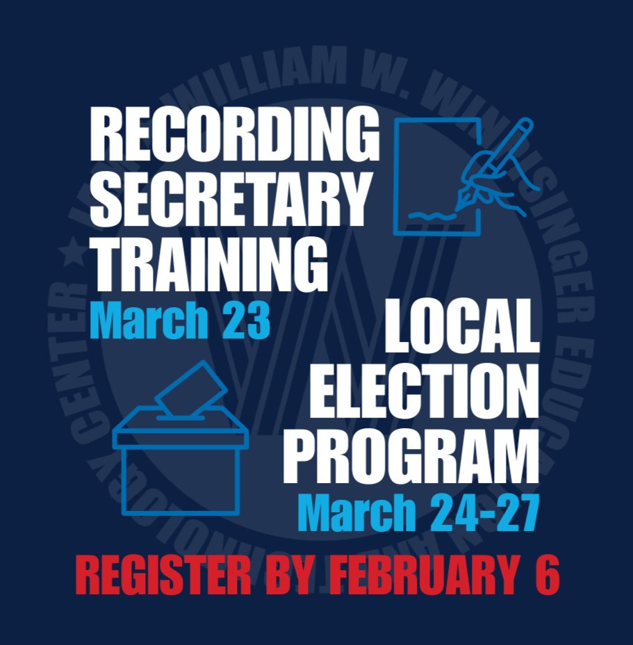 IAMW3Center's tweet photo. Register for Recording Secretary Training
and/or Local Election Program, to be held March 23-27.
Deadline for registration is February 6. Link in comments. https://t.co/dz4atf4Kqd