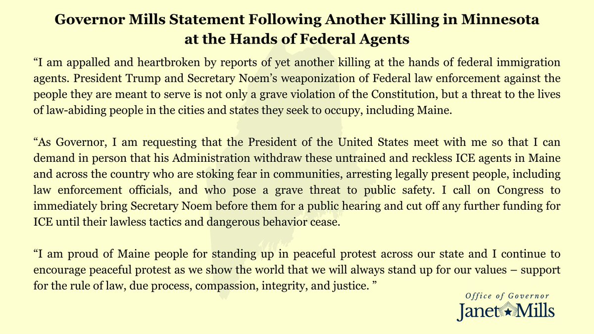EricLDaugh's tweet image. 🚨 JUST NOW: Maine Gov. Janet Mills DEMANDS a meeting with President Trump and that he immediately withdraws every single solitary ICE agent from Maine after today's Border Patrol shooting in Minneapolis

SCREW OFF! Never happening. SEND MORE!