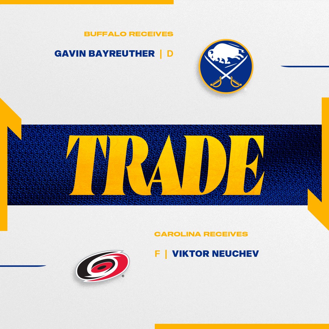 We have acquired defenseman Gavin Bayreuther from the Carolina Hurricanes in exchange for forward Viktor Neuchev and assigned Bayreuther to <a href="/AmerksHockey/">Rochester Americans</a>.

Details → bufsabres.co/49EeO1l