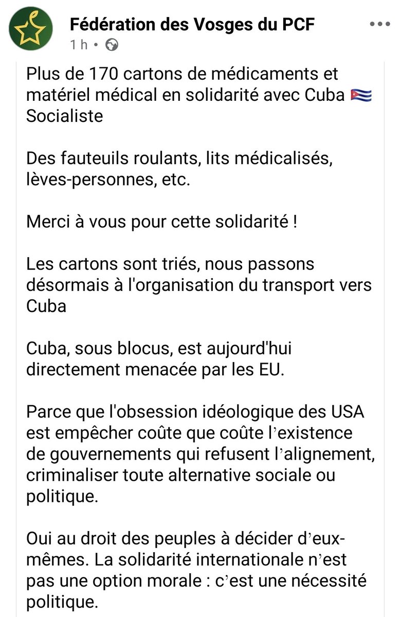 EmbaCubaFrancia's tweet image. 🇨🇺🤝🇫🇷 Más de 170 cajas de medicamentos,suministros médicos, sillas de ruedas,camas de hospital, grúas para pacientes en solidaridad con Cuba Socialista.

Gracias a la Federación Vosges del Partido Comunista Francés por su apoyo al pueblo cubano.

#CubaNoEstáSola #TumbaElBloqueo