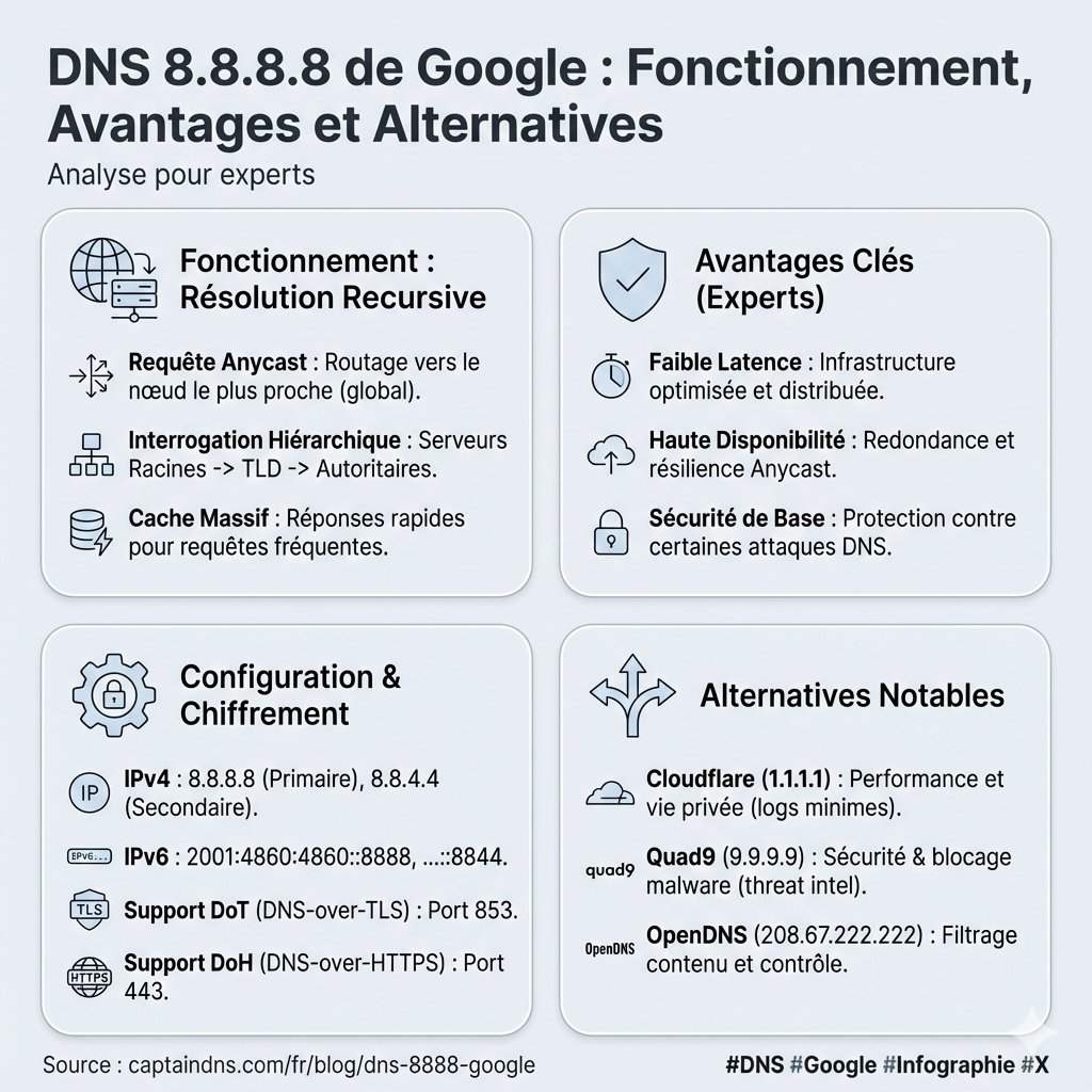 ledocdoc's tweet photo. Why does everyone use 8.8.8.8 as their DNS?

This address is Google Public DNS: a free resolver, open to everyone since 2009. Over a trillion queries handled per day. Yes, trillion.

But what does it actually do?

DNS is the Internet's phonebook. When you type "https://t.co/FHwFKpVdMN", your device asks a DNS server to translate that name into an IP address. By default, your ISP handles this. But you can choose another resolver - like 8.8.8.8.

✅ Advantages of Google DNS 8.8.8.8

• Speed: worldwide anycast infrastructure (your query hits the nearest server)
• Reliability: almost never down, Google handles 30% of global DNS traffic
• Clean answers: no ad redirects on non-existent domains (unlike some ISPs)
• Supports DNSSEC, DNS over HTTPS, DNS over TLS
• IPv6 ready: 2001:4860:4860::8888

⚠️ Drawbacks to know

• Privacy: all your queries go through Google (even if logs are limited)
• No filtering: 8.8.8.8 blocks neither malware, adult sites, nor phishing
• Centralization: relying on a single player for such a critical service is worth questioning

🔄 Alternatives based on your needs

🔒 More privacy
→ Cloudflare 1.1.1.1 (logs purged in 24h, audited by KPMG)

🛡️ Automatic threat blocking
→ Quad9 9.9.9.9 (Swiss foundation, filters malware/phishing)

👨‍👩‍👧 Built-in parental control
→ OpenDNS Family Shield (blocks adult content with zero config)

🚫 Block ads and trackers
→ AdGuard DNS

⚙️ Full customization
→ NextDNS (a Pi-hole in the cloud)

🖥️ How to configure 8.8.8.8?

On Windows 11:
Settings → Network → Ethernet/Wi-Fi → DNS servers → Manual → 8.8.8.8 / 8.8.4.4

On your router:
Admin interface (usually 192.168.1.1) → Primary DNS: 8.8.8.8 / Secondary: 8.8.4.4

➡️ Your whole network benefits automatically
On Android:
Settings → Private DNS → https://t.co/KvJ5iW9WX3

On iPhone:
Wi-Fi → (i) on your network → Configure DNS → Manual → 8.8.8.8

I broke it all down with a comparison chart of public resolvers here 👇
https://t.co/HDMPSR7ori