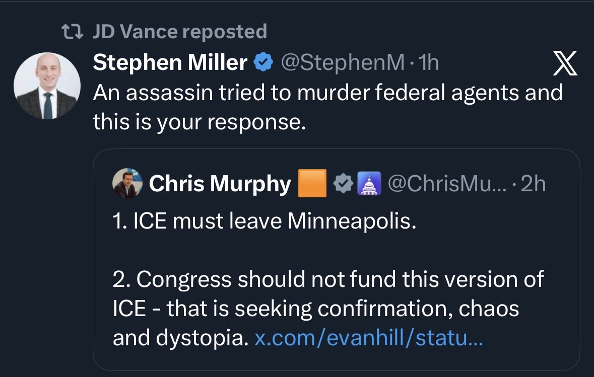 This might be a romantic view actually voters are a lot smarter than JD Vance and Stephen Miller think they are. They didn't get away with this gaslighting in the Renee Good case and now they're trying it again.
