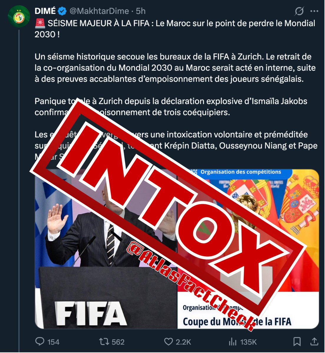 AtlasFactCheck's tweet image. 📌 MISE AU POINT 🇲🇦

Aucun retrait de la co-organisation du Mondial 2030 n'est envisagé par la FIFA. Cette rumeur repose sur l'utilisation du conditionnel par son auteur pour diffuser des théories infondées tout en évitant sa responsabilité.

L'argument de l'empoisonnement est…