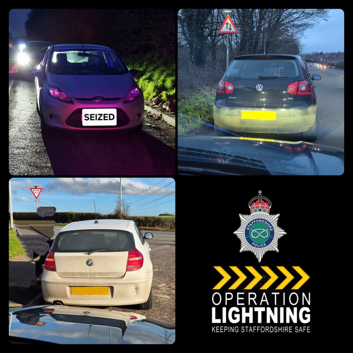 StaffsRCT's tweet image. We deployed to #Lichfield today @EStaffsPolice. These 3️⃣ vehicles were stopped and the drivers were found not to hold the correct licence or insurance to drive. 

Their vehicles have now been #Seized &amp;amp; drivers reported. @Driveinsured

#OpLightning #Team4RCT